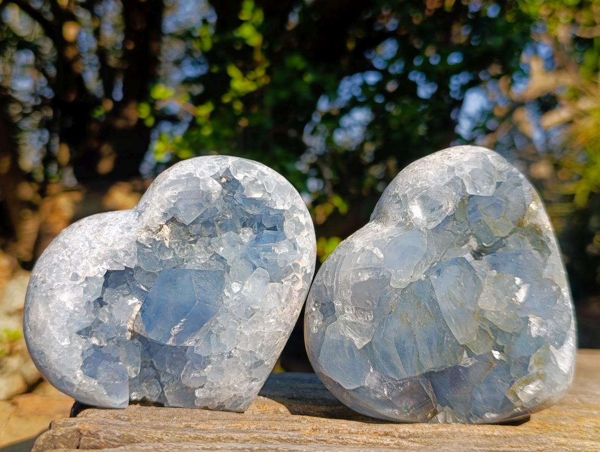 Polished Blue Celestite Hearts x 2 From Sakoany, Madagascar - Toprock Gemstones and Minerals 