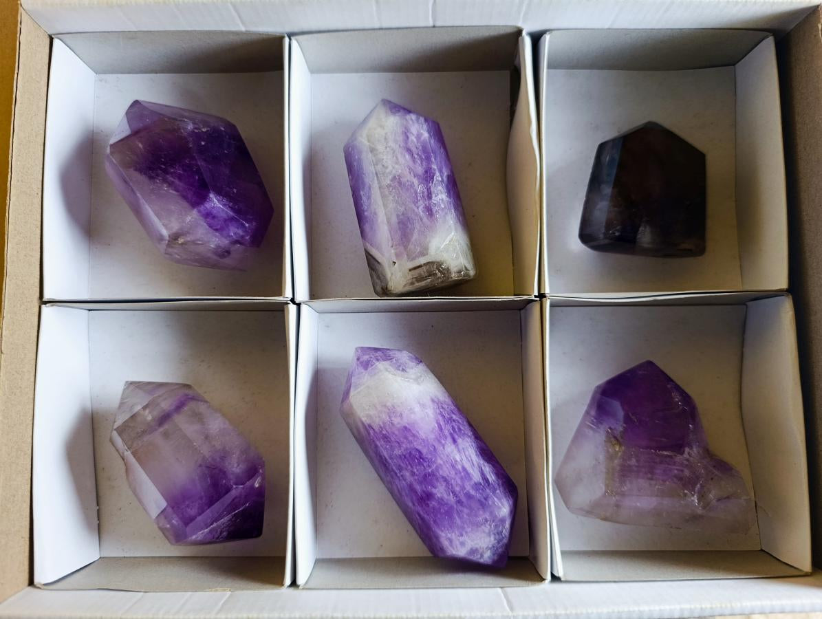 Polished Mixed Window Amethyst Crystals x 6 From Akansobe, Madagascar - Toprock Gemstones and Minerals 