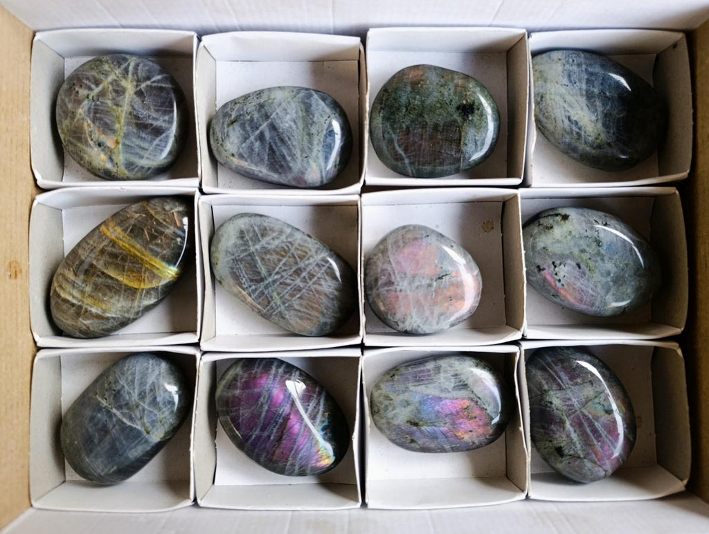 Polished Rare Purple Sunset Flash Labradorite Palm Stones x 12 From Madagascar - Toprock Gemstones and Minerals 