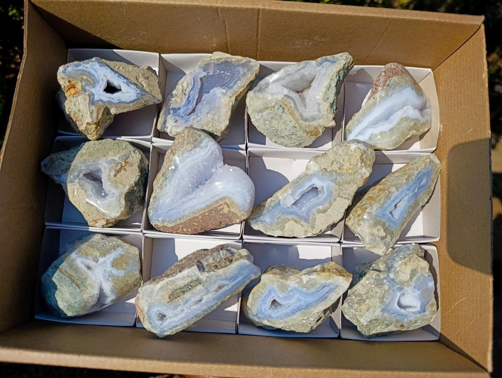 Polished on One Side Blue Lace Agate Geodes x 12 From Nsanje, Malawi - Toprock Gemstones and Minerals 