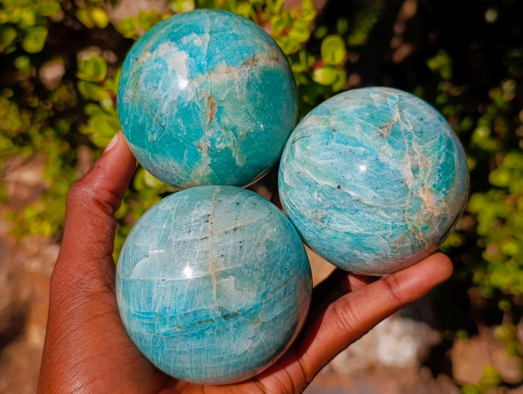 Polished Amazonite Spheres x 3 From Madagascar - Toprock Gemstones and Minerals 