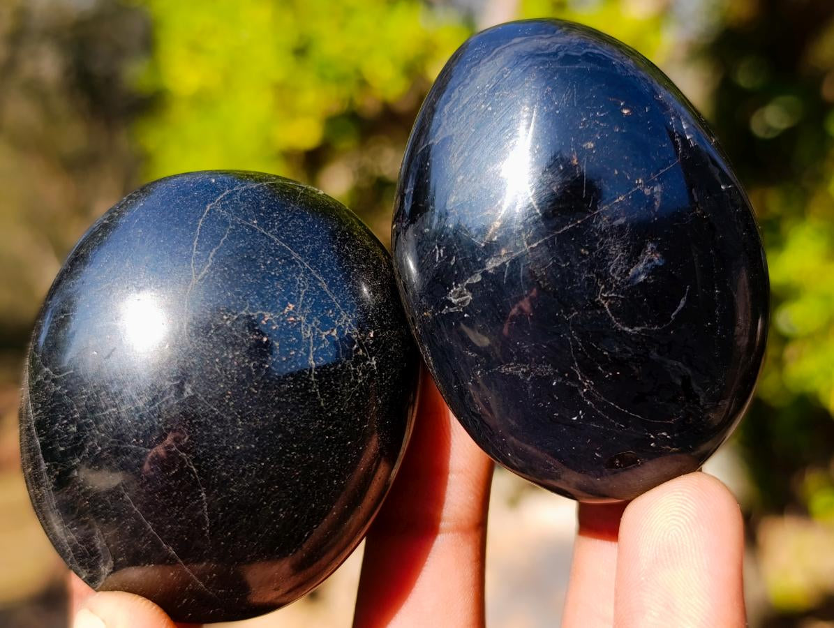 Polished Black Tourmaline Galets x 12 From Madagascar - Toprock Gemstones and Minerals 