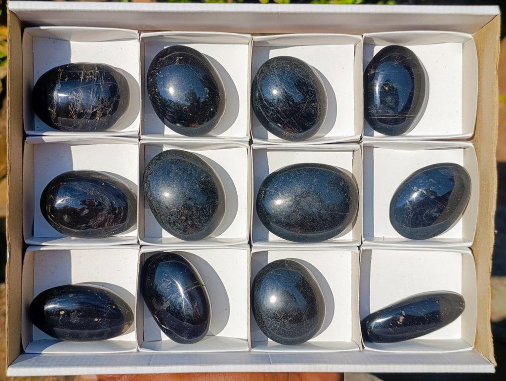 Polished Black Tourmaline Galets x 12 From Madagascar - Toprock Gemstones and Minerals 