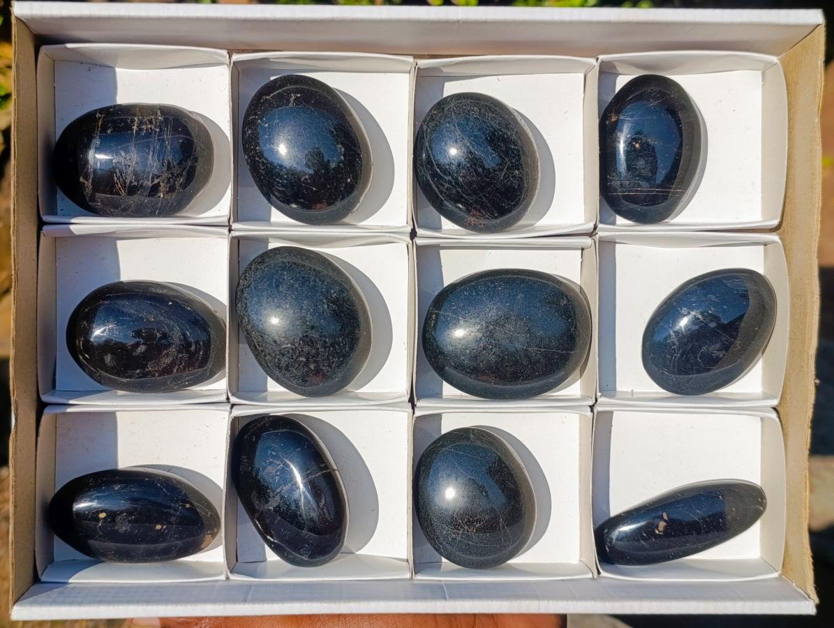 Polished Black Tourmaline Galets x 12 From Madagascar - Toprock Gemstones and Minerals 
