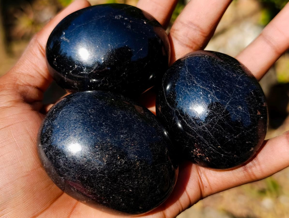 Polished Black Tourmaline Galets x 12 From Madagascar - Toprock Gemstones and Minerals 