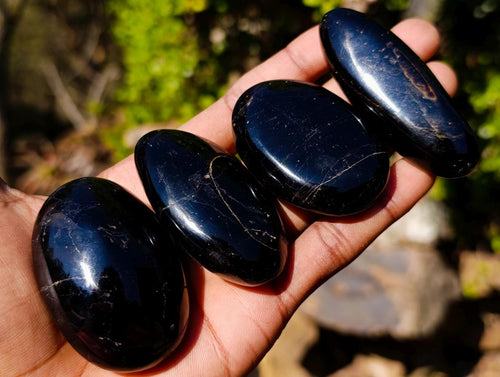 Polished Black Tourmaline Galets x 12 From Madagascar - Toprock Gemstones and Minerals 
