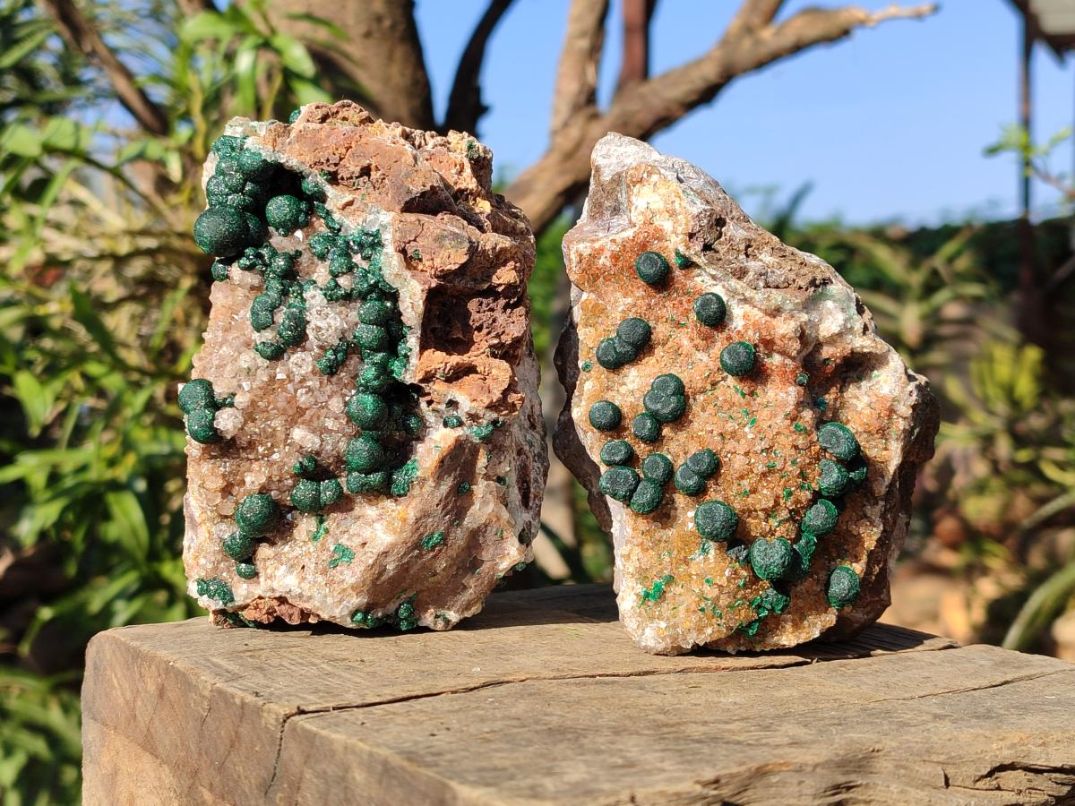 Natural Ball Malachite Specimens Coated with Drusy Quartz on Dolomite x 2 From Mindingi Mine, Congo - Toprock Gemstones and Minerals 