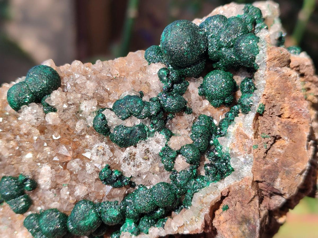 Natural Ball Malachite Specimens Coated with Drusy Quartz on Dolomite x 2 From Mindingi Mine, Congo - Toprock Gemstones and Minerals 
