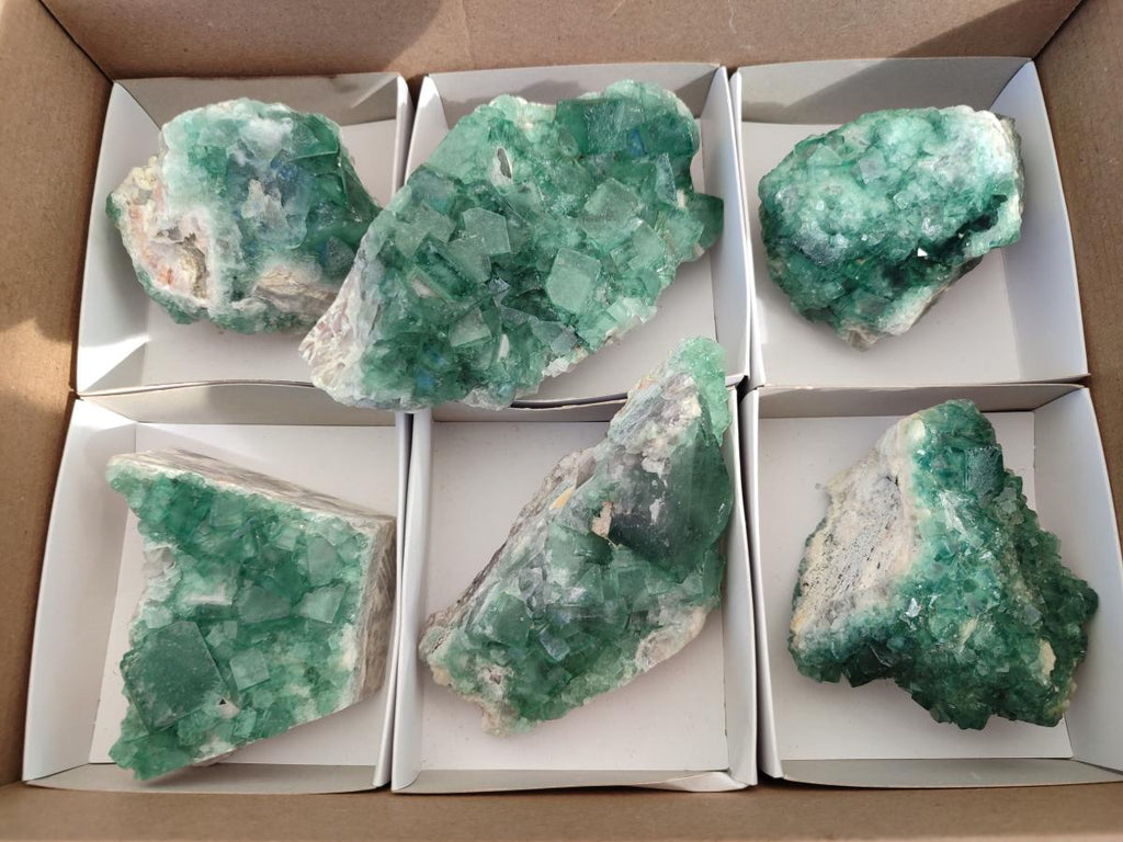 Natural Green Cubic Fluorite Specimens x 6 From Mandrosonoro, Madagascar - Toprock Gemstones and Minerals 
