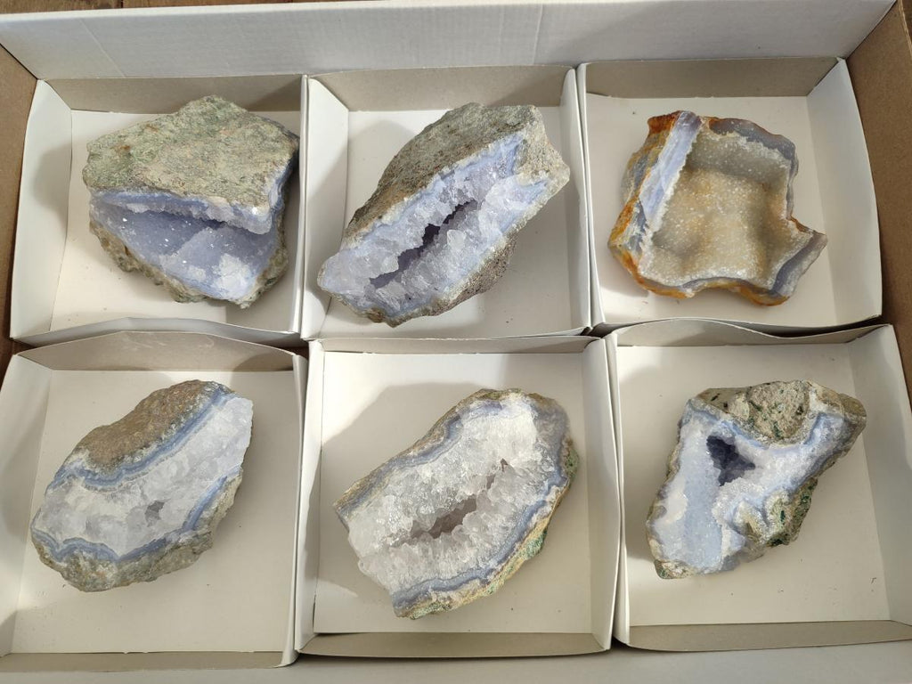 Natural Large Blue Lace Agate Geode Specimens x 6 From Nsanje, Malawi - Toprock Gemstones and Minerals 