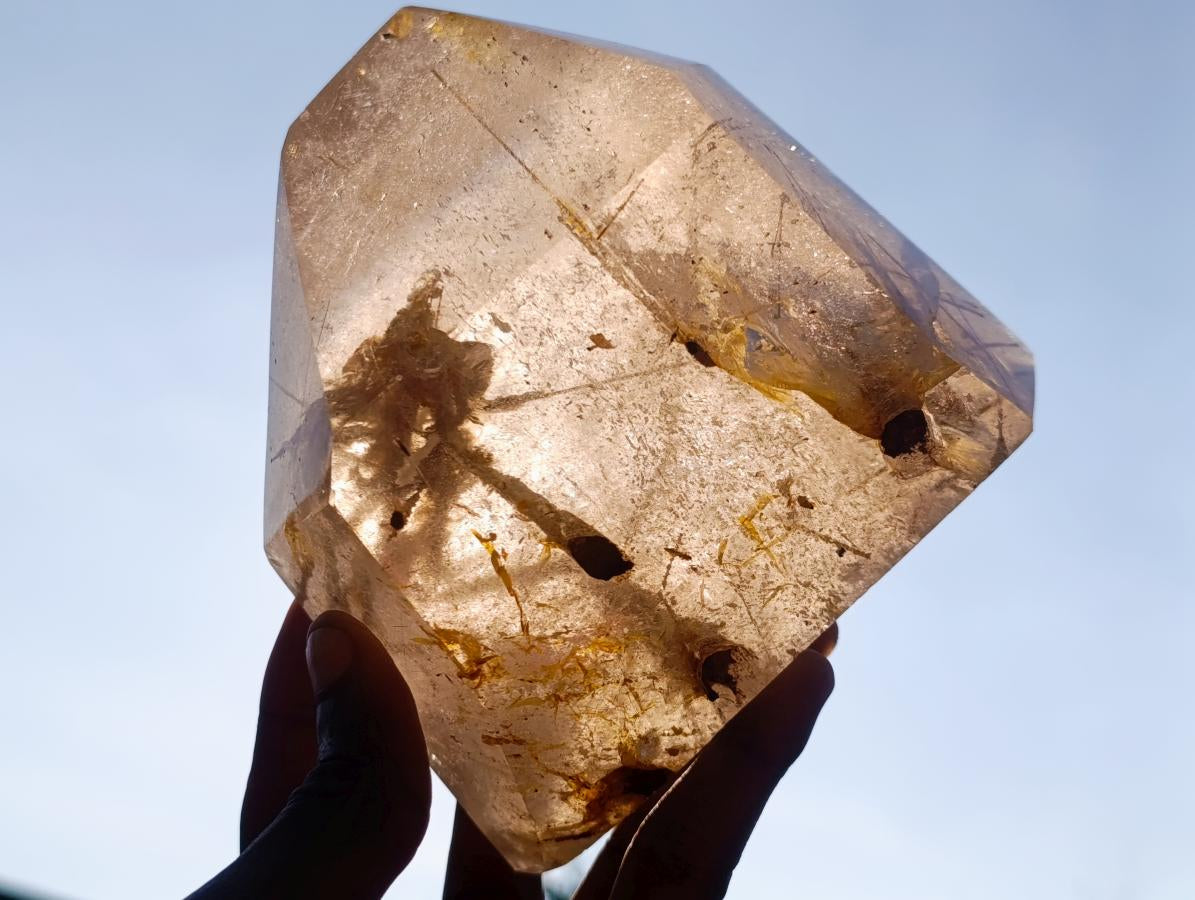 Polished Large Window Quartz Crystal with White Tourmalinated Needle Inclusions x 1 From Madagascar