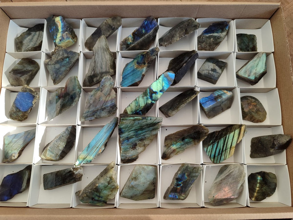 Polished on One Side Labradorite Slices x 35 From Madagascar - Toprock Gemstones and Minerals 