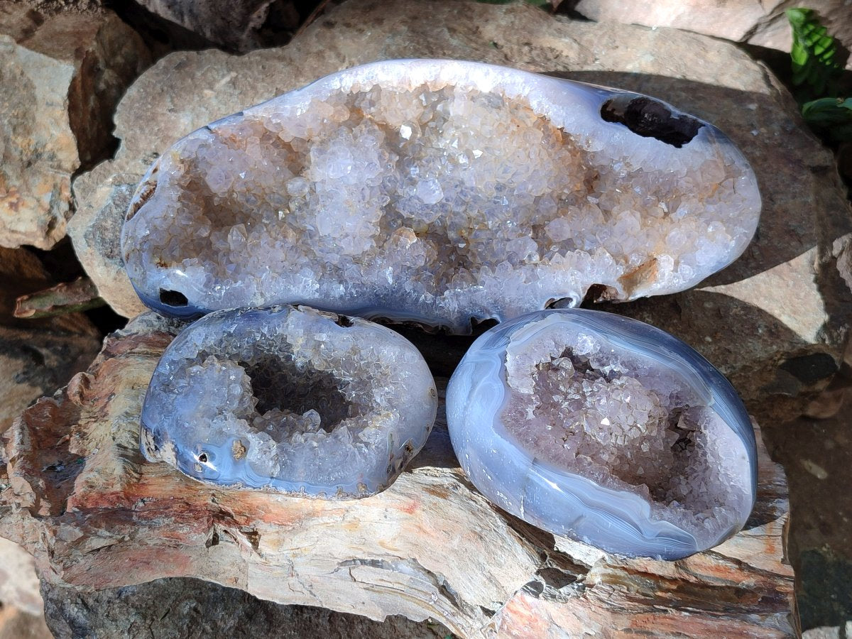 Polished Crystal Centred Agate Geodes x 3 From Maintirano, Madagascar - Toprock Gemstones and Minerals 
