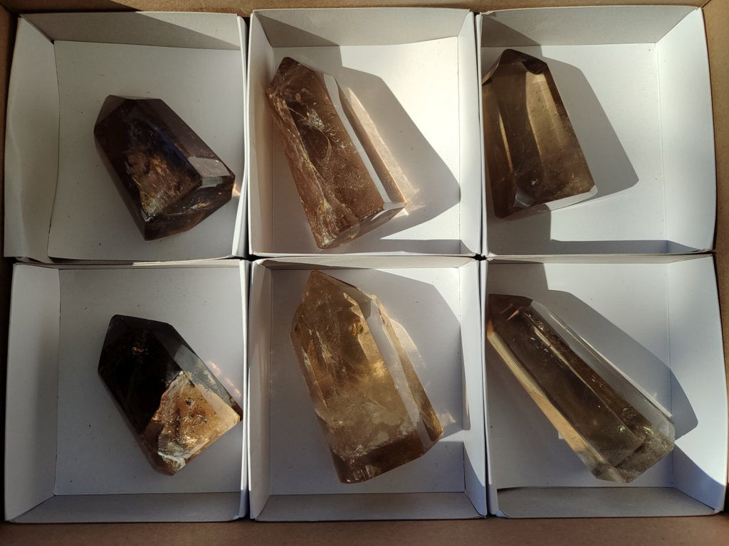 Polished Smokey Window Quartz Crystals x 6 From Madagascar - Toprock Gemstones and Minerals 