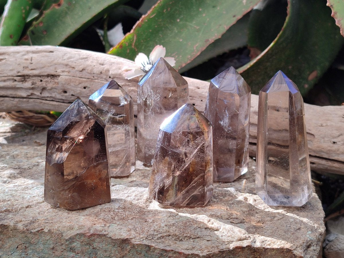 Polished Smokey Window Quartz Crystals x 6 From Madagascar - Toprock Gemstones and Minerals 