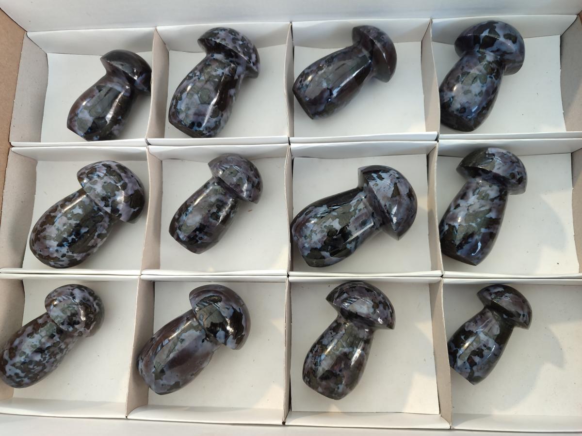 Polished Gabbro 'Merlinite' Mushrooms x 12 From Ambatofinandrahana, Madagascar - Toprock Gemstones and Minerals 