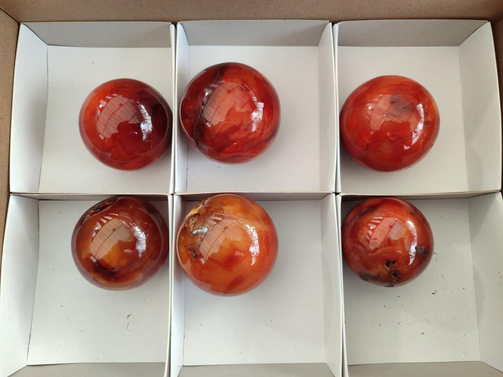 Polished Small Carnelian Agate Gemstone Spheres x 6 From Madagascar - Toprock Gemstones and Minerals 