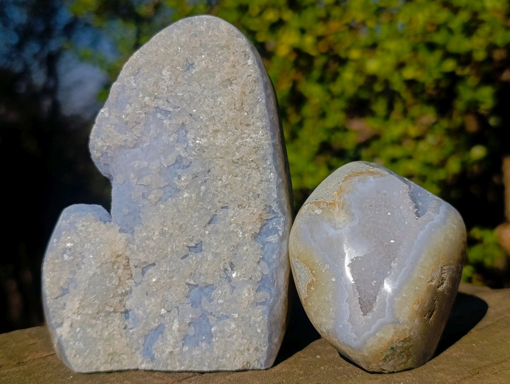 Polished and Natural Blue Lace Agate Standing Display Pieces with Dog Tooth Calcite x 3 From Nsanje, Malawi