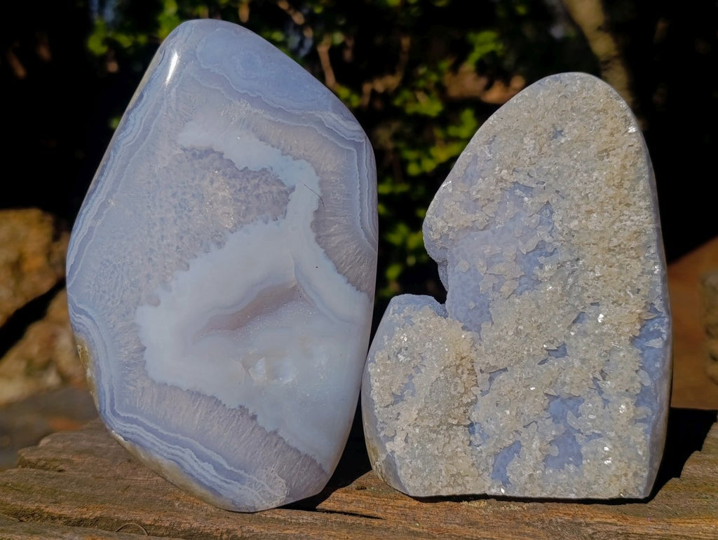 Polished and Natural Blue Lace Agate Standing Display Pieces with Dog Tooth Calcite x 3 From Nsanje, Malawi