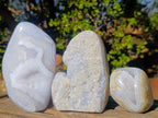 Polished and Natural Blue Lace Agate Standing Display Pieces with Dog Tooth Calcite x 3 From Nsanje, Malawi