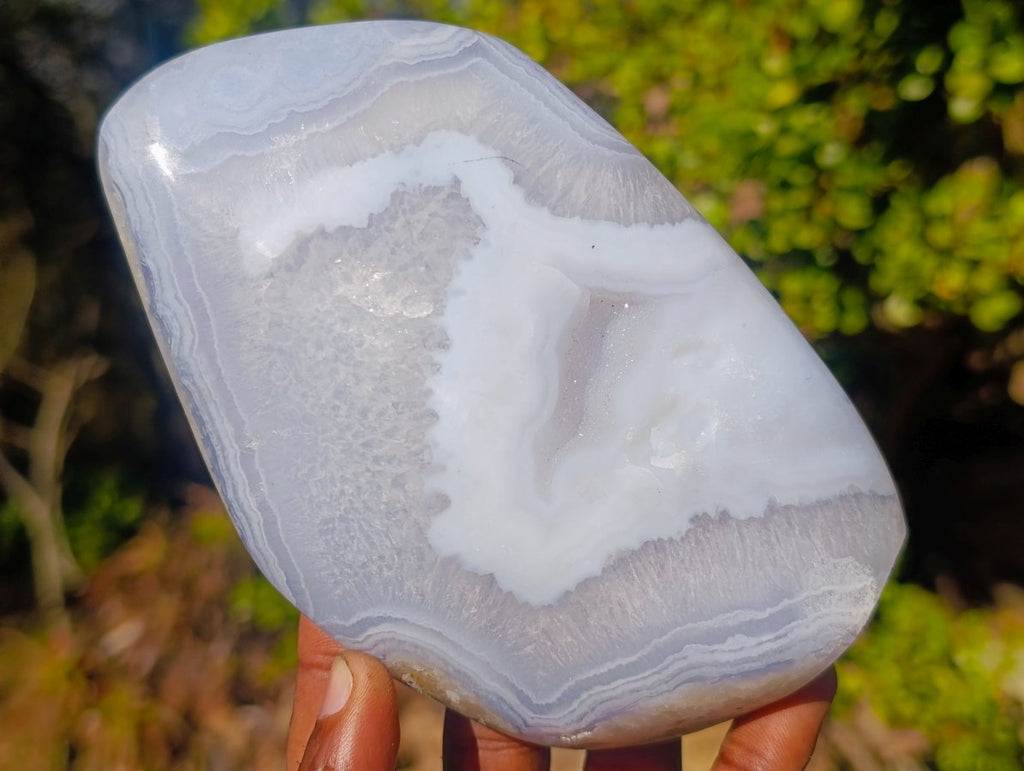 Polished and Natural Blue Lace Agate Standing Display Pieces with Dog Tooth Calcite x 3 From Nsanje, Malawi
