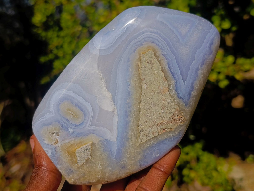 Polished and Natural Blue Lace Agate Standing Display Pieces with Dog Tooth Calcite x 3 From Nsanje, Malawi