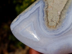 Polished and Natural Blue Lace Agate Standing Display Pieces with Dog Tooth Calcite x 3 From Nsanje, Malawi