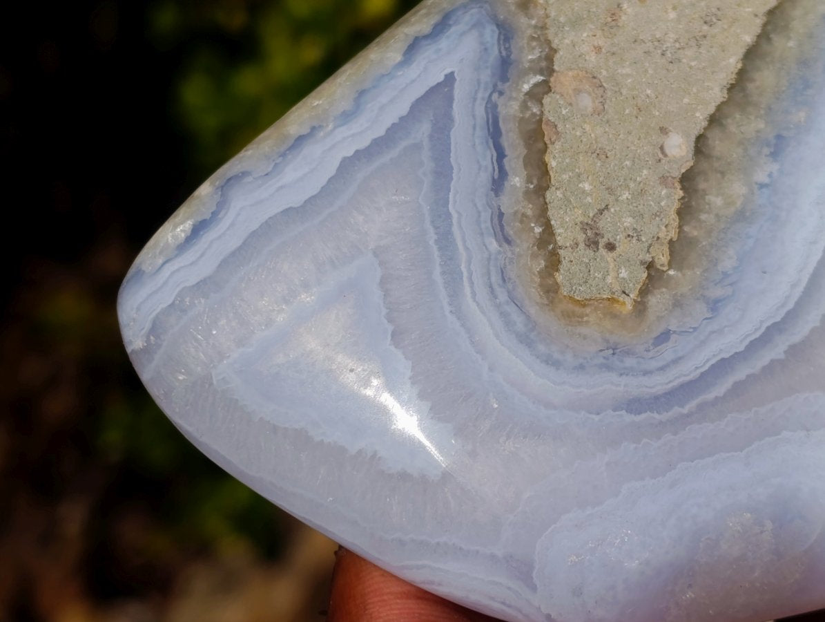 Polished and Natural Blue Lace Agate Standing Display Pieces with Dog Tooth Calcite x 3 From Nsanje, Malawi
