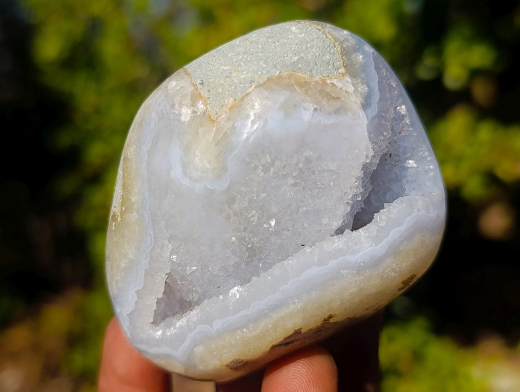 Polished and Natural Blue Lace Agate Standing Display Pieces with Dog Tooth Calcite x 3 From Nsanje, Malawi