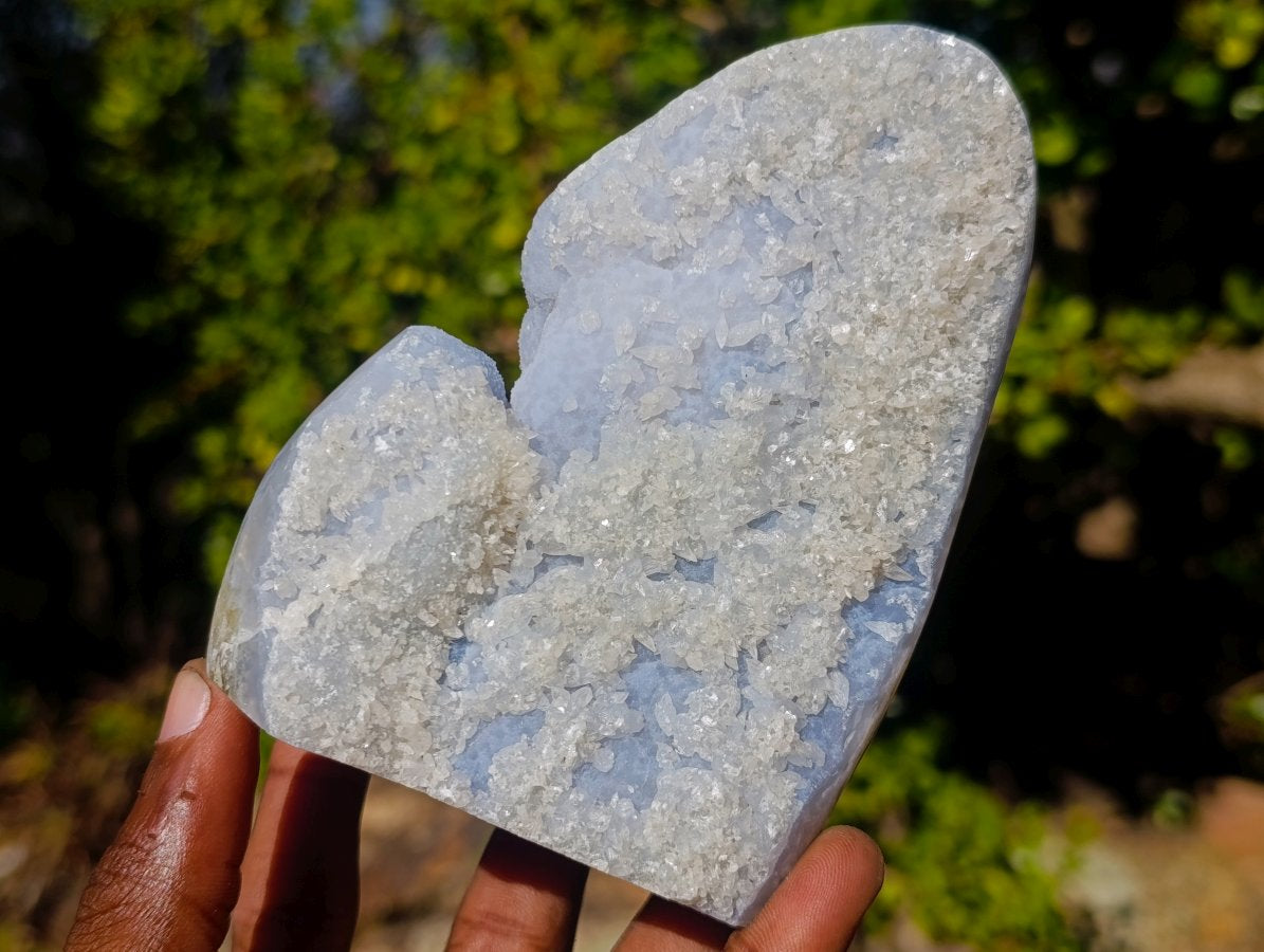 Polished and Natural Blue Lace Agate Standing Display Pieces with Dog Tooth Calcite x 3 From Nsanje, Malawi