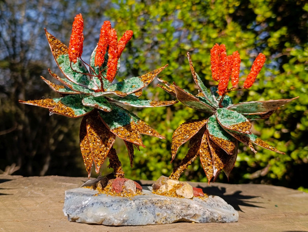 Hand Made Twin Aloe Stone Art Gemstone Trees x 2 From South Africa