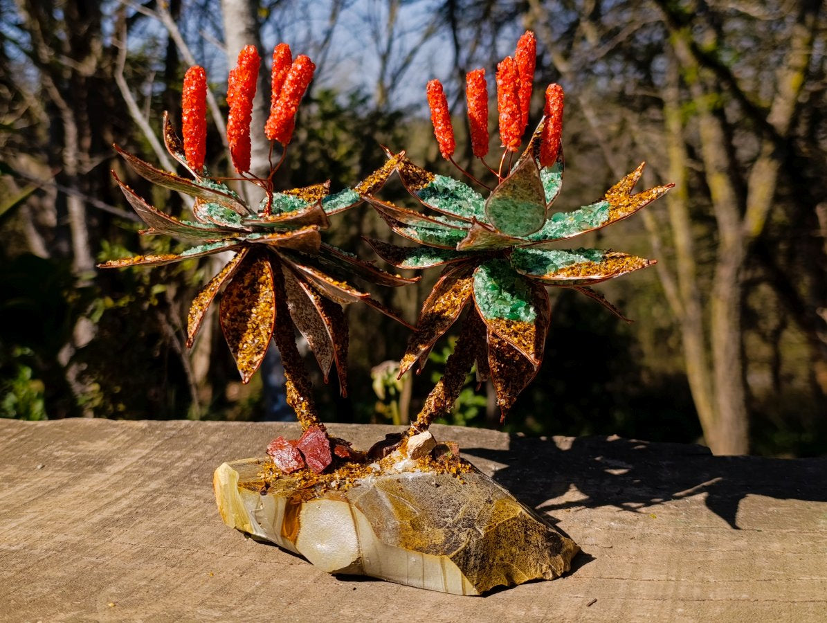Hand Made Twin Aloe Stone Art Gemstone Trees x 2 From South Africa