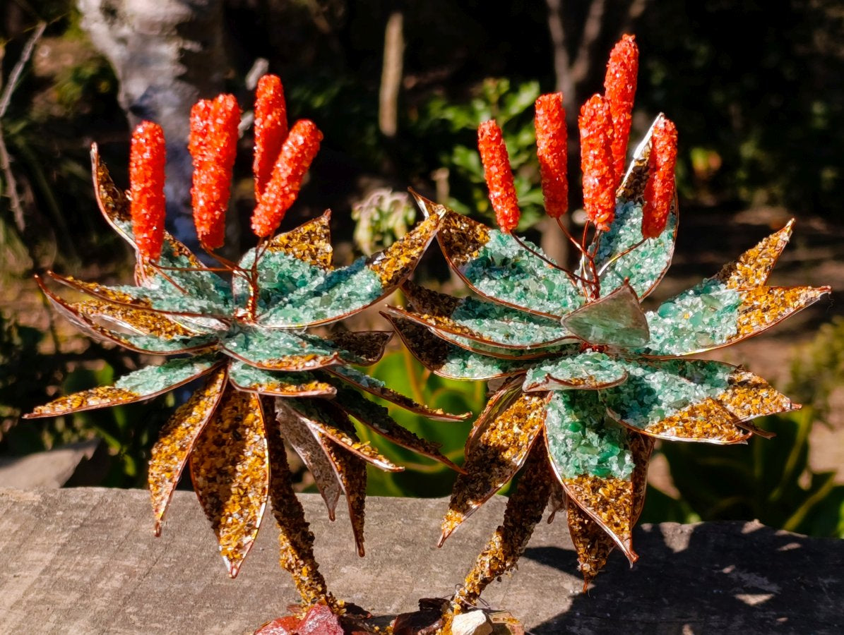 Hand Made Twin Aloe Stone Art Gemstone Trees x 2 From South Africa