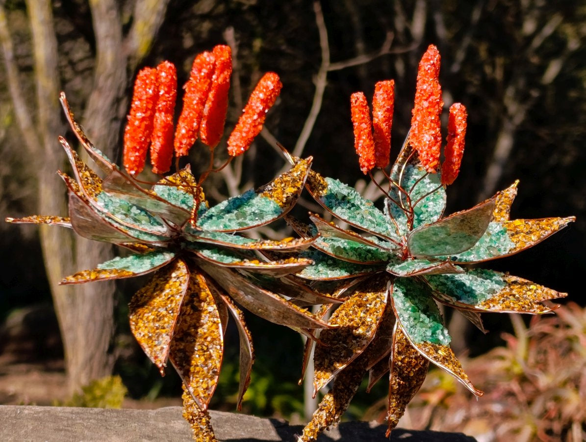 Hand Made Twin Aloe Stone Art Gemstone Trees x 2 From South Africa