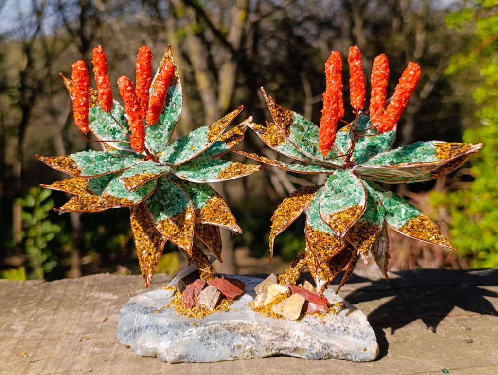 Hand Made Twin Aloe Stone Art Gemstone Trees x 2 From South Africa
