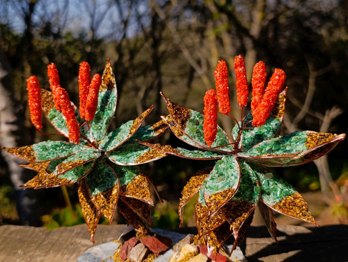 Hand Made Twin Aloe Stone Art Gemstone Trees x 2 From South Africa