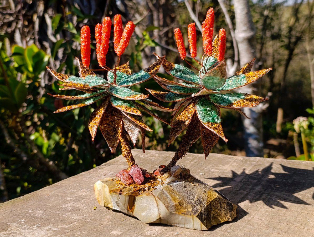 Hand Made Twin Aloe Stone Art Gemstone Trees x 2 From South Africa