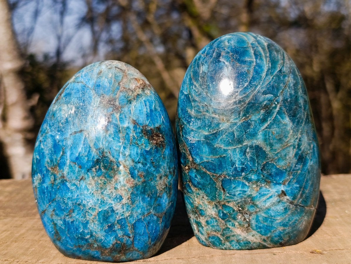 Polished Blue Apatite Standing Display Pieces x 3 From Betroka, Madagascar