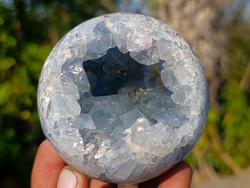 Polished and Natural Blue Celestite Spheres x 2 From Sakoany, Madagascar