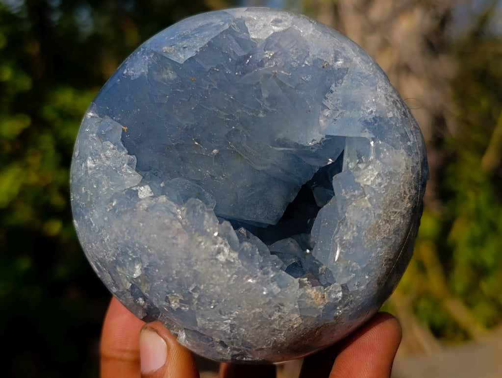 Polished and Natural Blue Celestite Spheres x 2 From Sakoany, Madagascar