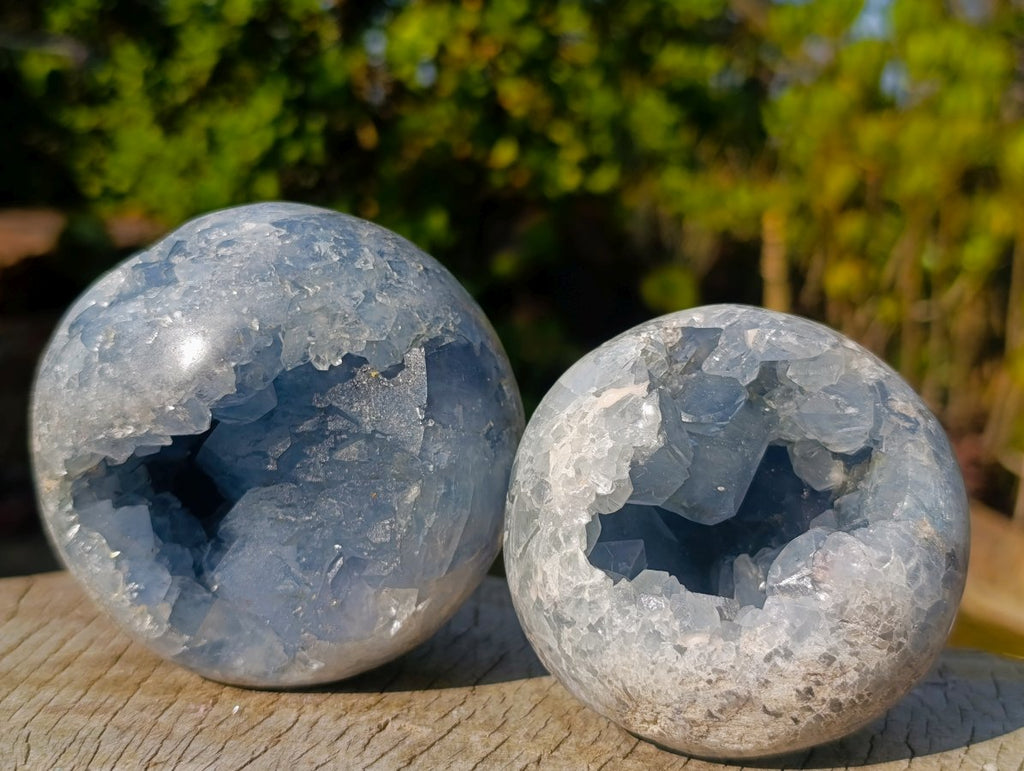 Polished and Natural Blue Celestite Spheres x 2 From Sakoany, Madagascar