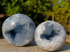 Polished and Natural Blue Celestite Spheres x 2 From Sakoany, Madagascar