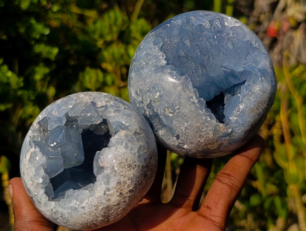 Polished and Natural Blue Celestite Spheres x 2 From Sakoany, Madagascar
