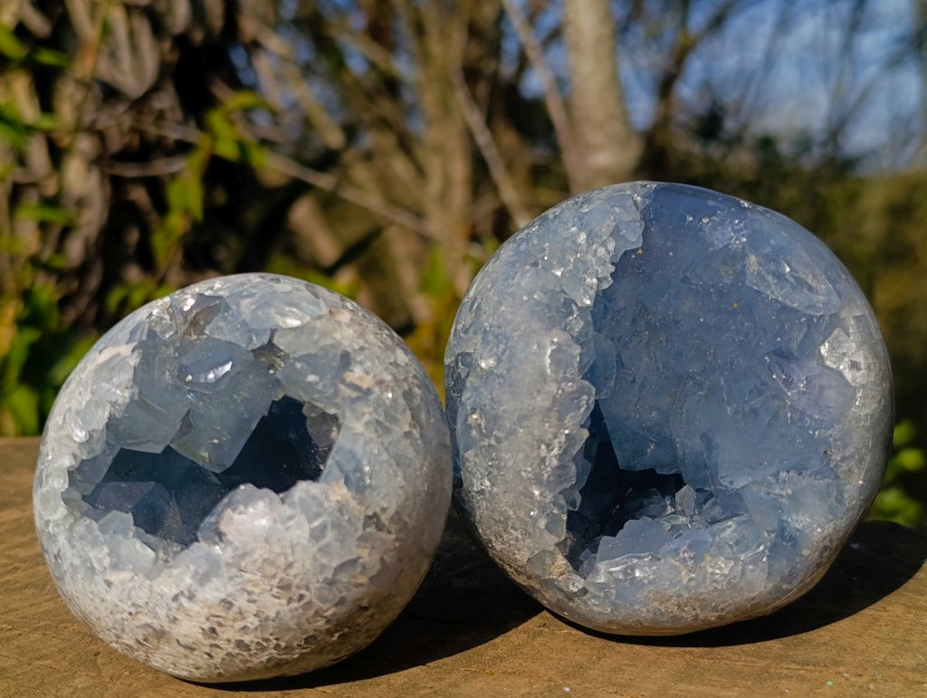 Polished and Natural Blue Celestite Spheres x 2 From Sakoany, Madagascar