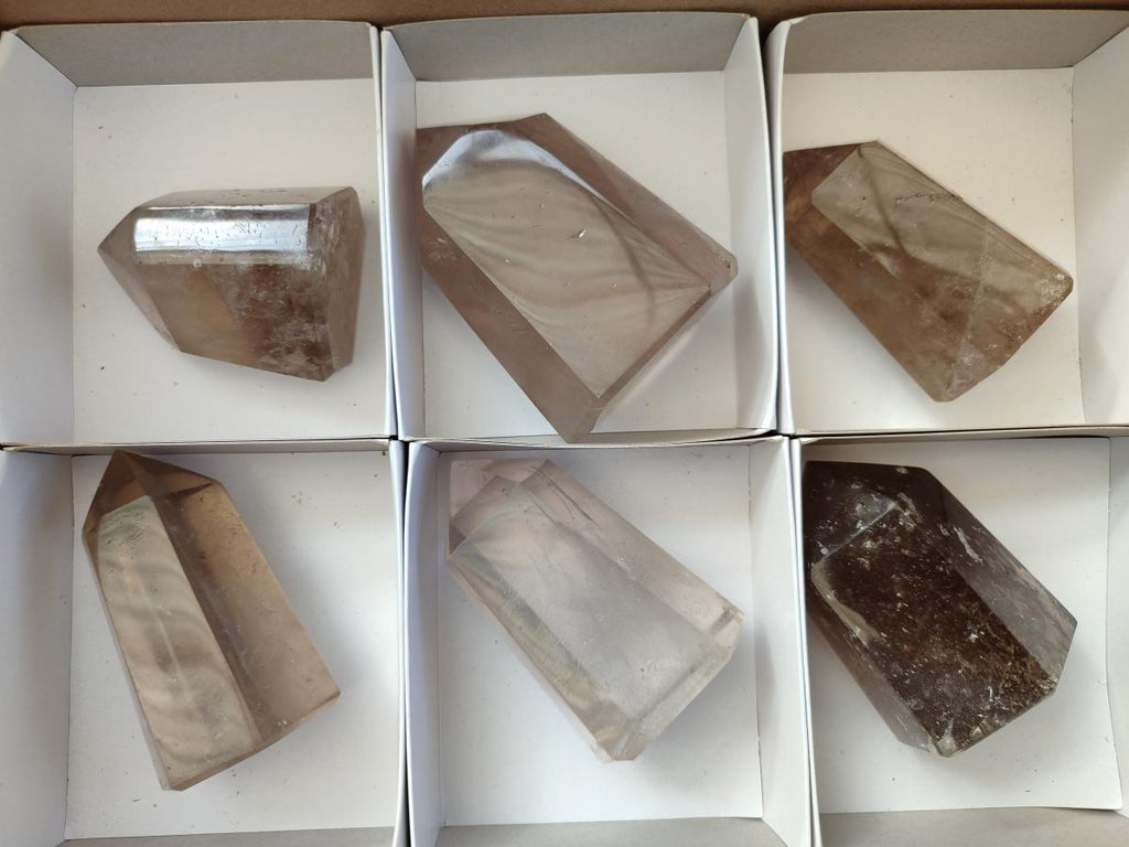 Polished Mixed Smokey Window Quartz Display Crystals x 6 From Madagascar - Toprock Gemstones and Minerals 