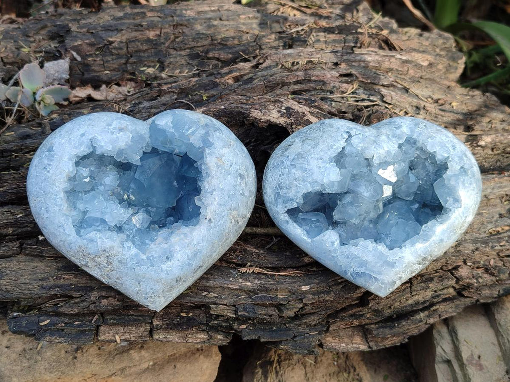Polished and Natural Blue Celestite Hearts x 3 From Sakoany, Madagascar