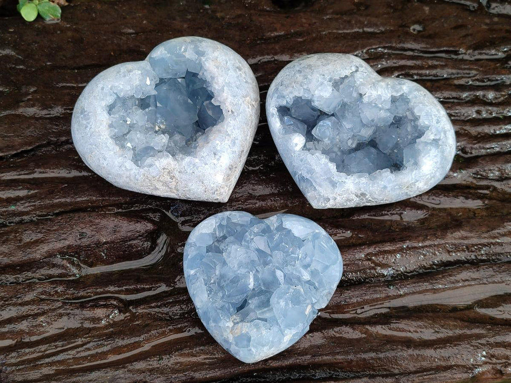 Polished and Natural Blue Celestite Hearts x 3 From Sakoany, Madagascar