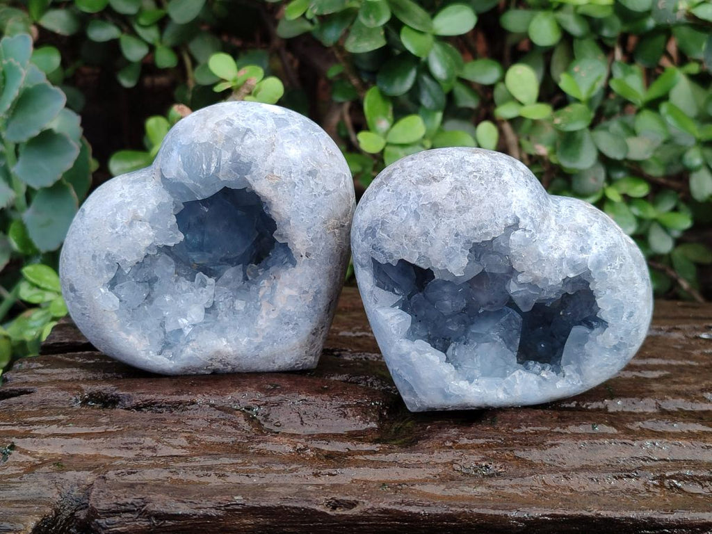Polished and Natural Blue Celestite Hearts x 3 From Sakoany, Madagascar