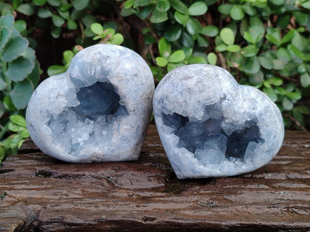 Polished and Natural Blue Celestite Hearts x 3 From Sakoany, Madagascar