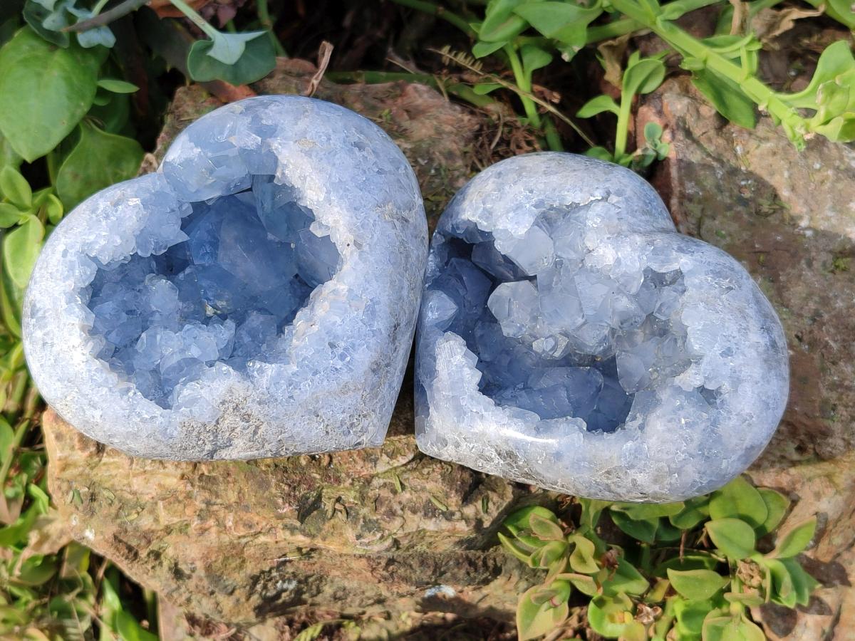 Polished and Natural Blue Celestite Hearts x 3 From Sakoany, Madagascar
